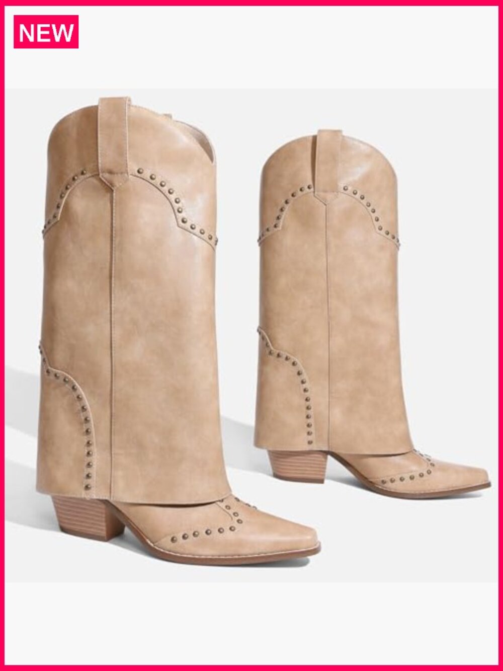 Knee High Pull On Boots Chunky Heel Snip Toe Studded Faux Leather - Picture 5 of 7